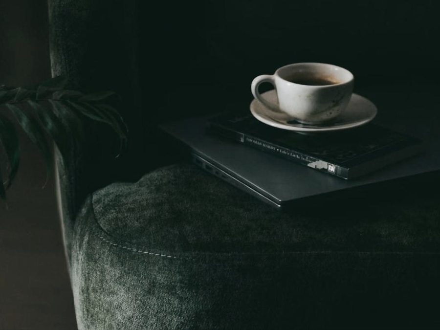 Kaffeetasse auf Notizbuch und Laptop auf einem grünen Samtsessel